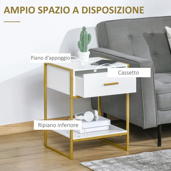 HOMCOM Set 2 Comodini Moderni con Cassetto e Ripiano Aperto in MDF e Acciaio, 45x40x60cm, Bianco e Oro|Aosom