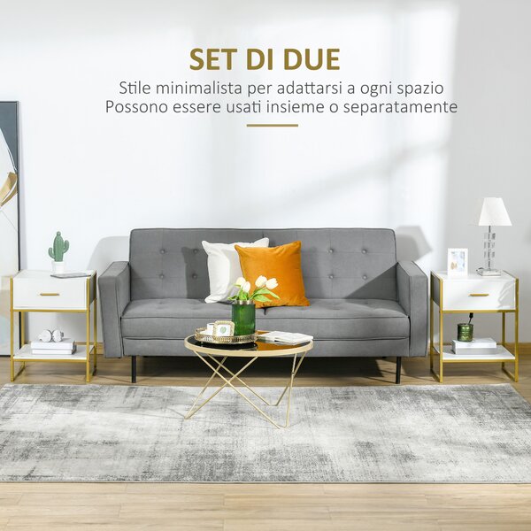 HOMCOM Set 2 Comodini Moderni con Cassetto e Ripiano Aperto in MDF e Acciaio, 45x40x60cm, Bianco e Oro|Aosom