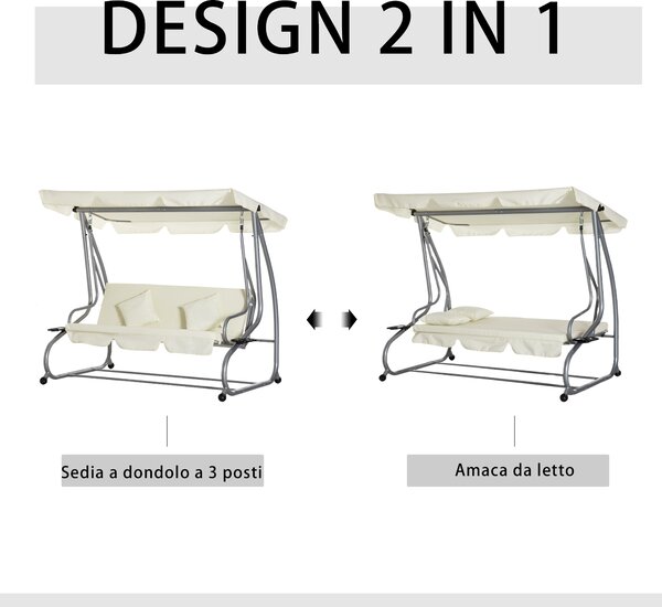 Outsunny Dondolo Letto da Giardino 3 Posti con Tetto Regolabile e 2 Portabicchieri, 200x120x164 cm, Crema|Aosom
