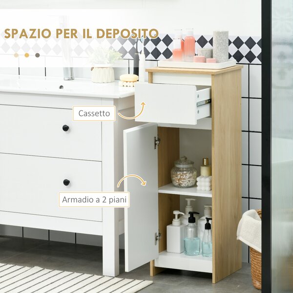 Kleankin Mobiletto Bagno Salvaspazio con Anta e Cassetto, Ripiano Interno Regolabile, in MDF, 32.6x30x90 cm, Bianco e Legno Naturale|Aosom