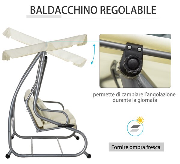 Outsunny Dondolo Letto da Giardino 3 Posti con Tetto Regolabile e 2 Portabicchieri, 200x120x164 cm, Crema|Aosom