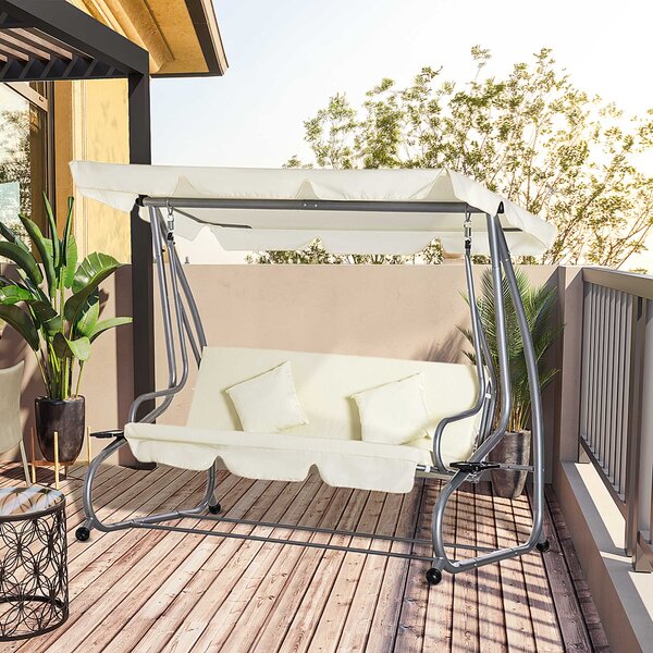 Outsunny Dondolo Letto da Giardino 3 Posti con Tetto Regolabile e 2 Portabicchieri, 200x120x164 cm, Crema|Aosom