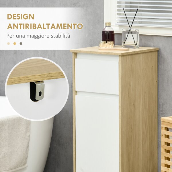 Kleankin Mobiletto Bagno Salvaspazio con Anta e Cassetto, Ripiano Interno Regolabile, in MDF, 32.6x30x90 cm, Bianco e Legno Naturale|Aosom