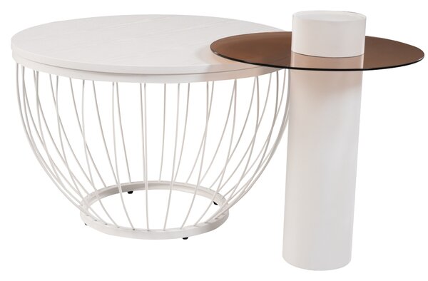 Set di 2 Tavolini da Salotto Eleganti Annidiati in MDF, Vetro e Acciaio, Bianco