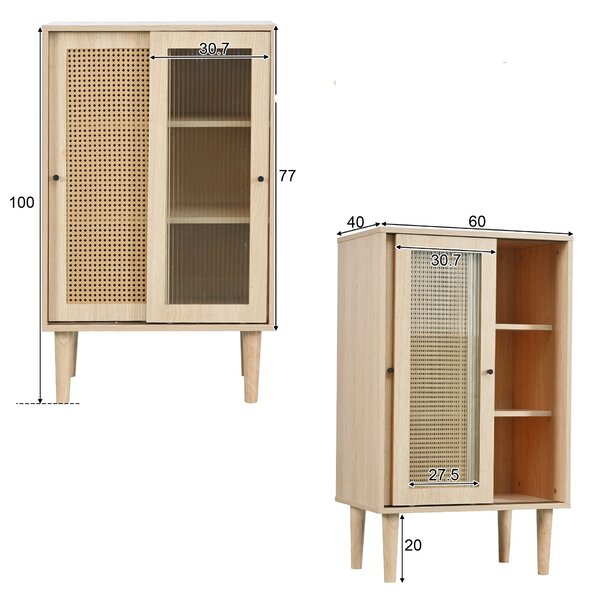 Credenza moderna in Legno con Ante Scorrevoli in Vetro e Rattan Sintetico a 6 ripiani Interni, color Quercia