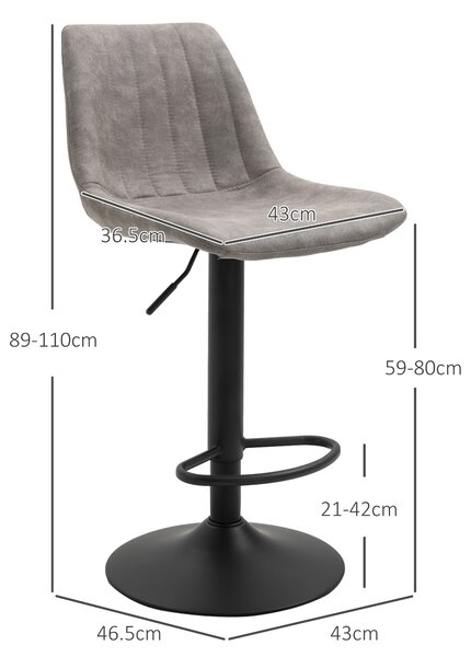 HOMCOM Set di 2 Sgabelli Alti con Schienale, Poggiapiedi, Base Rotonda in Metallo e Altezza Regolabile, in Microfibra, Grigio | Aosom Italy