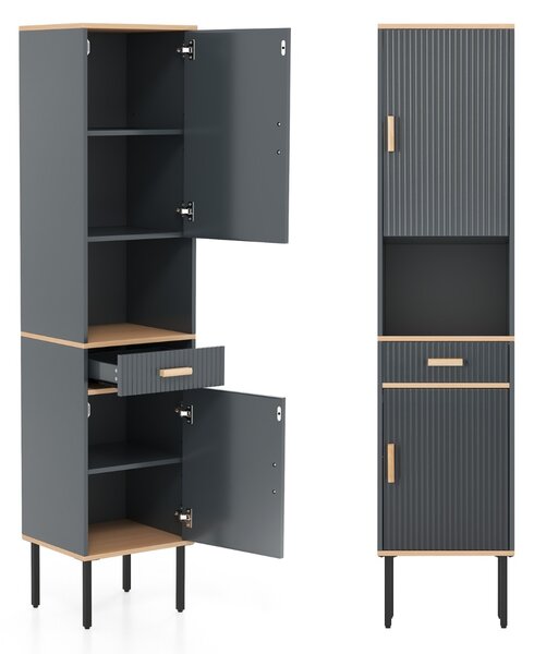 Costway Mobile da bagno alto indipendente con scomparto aperto cassetto, Mobiletto stretto con ripiani regolabili Grigio
