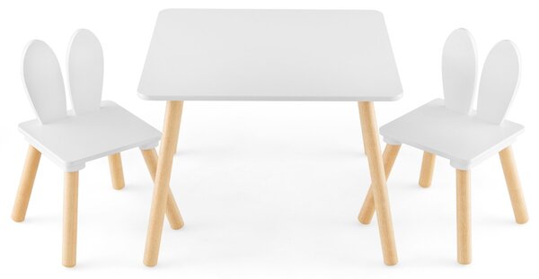 Costway Set tavolo sedie per bambini 3 pezzi per arte, Tavolo e 2 sedie a coniglio gambe in legno massiccio Bianco