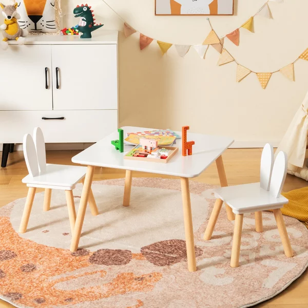 Costway Set tavolo sedie per bambini 3 pezzi per arte, Tavolo e 2 sedie a coniglio gambe in legno massiccio Bianco