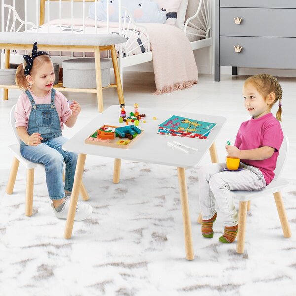 Costway Set tavolo sedie per bambini 3 pezzi per arte, Tavolo e 2 sedie a coniglio gambe in legno massiccio Bianco