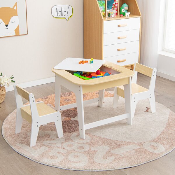 Costway Set tavolo e sedie per bambini con piano lavagna reversibile vano  nascosto, Tavolo e 2 sedie ergonomiche Naturale