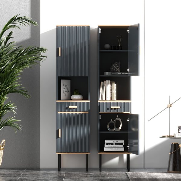 Costway Mobile da bagno alto indipendente con scomparto aperto cassetto, Mobiletto stretto con ripiani regolabili Grigio