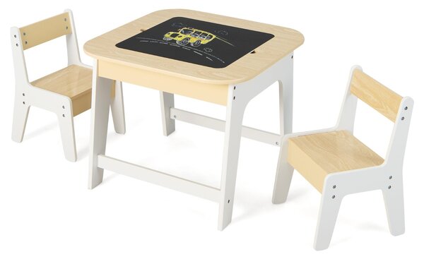 Costway Set tavolo e sedie per bambini con piano lavagna reversibile vano nascosto, Tavolo e 2 sedie ergonomiche Naturale