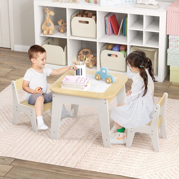 Costway Set tavolo e sedie per bambini con piano lavagna reversibile vano nascosto, Tavolo e 2 sedie ergonomiche Naturale