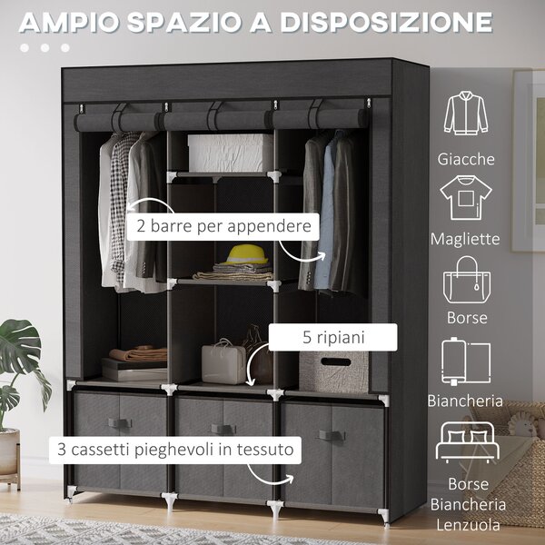 HOMCOM Armadio in Tessuto Pieghevole con Cassetti e Ante Avvolgibili con Zip, 125x43x162.5cm, Grigio Scuro|Aosom