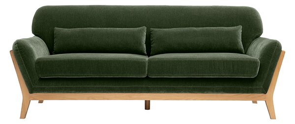 Divano scandinavo a 3 posti in tessuto effetto velluto verde kaki e legno chiaro YOKO