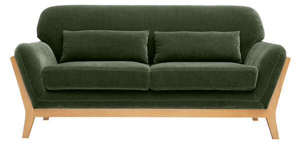 Divano scandinavo a 2 posti in tessuto effetto velluto verde kaki e legno chiaro YOKO