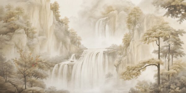 Carta da parati Cascata in un paesaggio avvolto dalla nebbia, Carta da parati Natura, Carta da parati popolare, t00902 - Tapeko.it