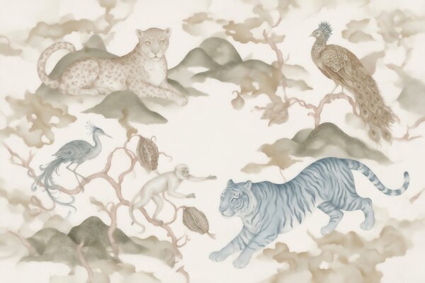 Carta da parati Giardino imperiale con animali in stile orientale: scimmia, leopardo, tigre, pavone e, Carta da parati Animali, w10011 : Uwalls.it