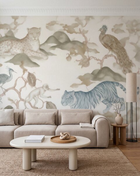 Carta da parati Giardino imperiale con animali in stile orientale: scimmia, leopardo, tigre, pavone e, Carta da parati Animali, w10011 : Uwalls.it