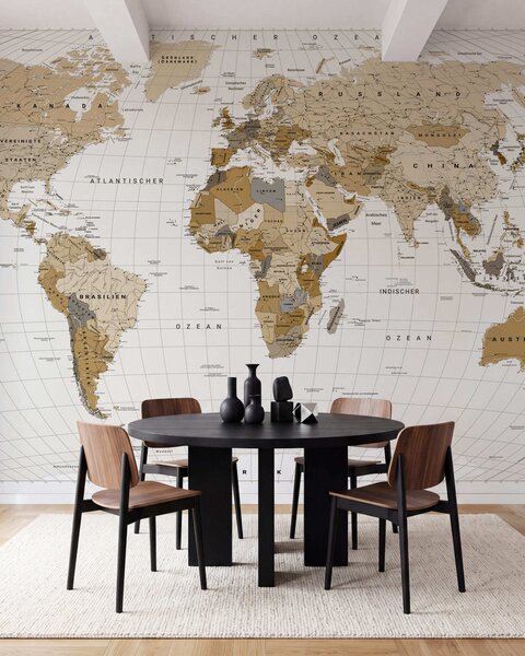 Carta da parati Una mappa politica del mondo in tonalità di marrone con bandiere in tedesco, Carta da parati Mappa del Mondo, c00016de : Uwalls.it