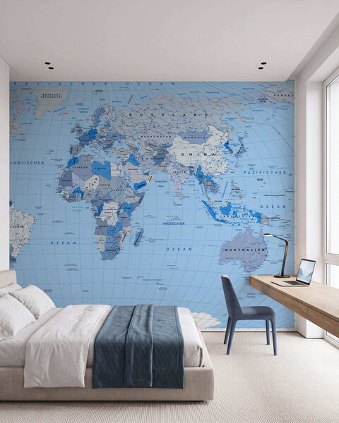 Carta da parati Mappa politica del mondo in blu con bandiere, in tedesco, Carta da parati Mappa del Mondo, c00016dev2 : Uwalls.it