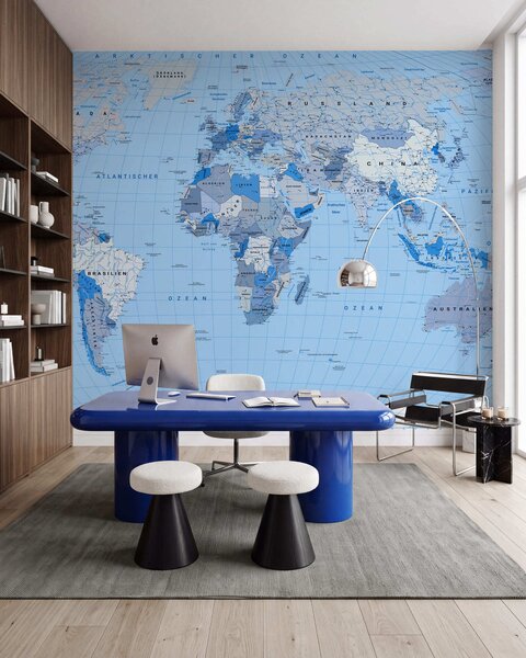 Carta da parati Mappa politica del mondo in blu con bandiere, in tedesco, Carta da parati Mappa del Mondo, c00016dev2 : Uwalls.it