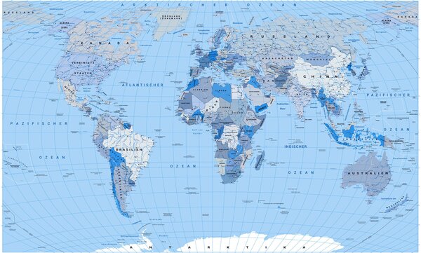 Carta da parati Mappa politica del mondo in blu con bandiere, in tedesco, Carta da parati Mappa del Mondo, c00016dev2 : Uwalls.it
