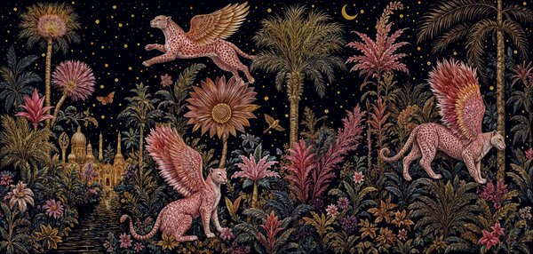 Carta da parati Dipinto raffigurante un gatto e un leopardo con ali e fiori, Carta da parati Natura, Carta da parati popolare, t00886 - Tapeko.it