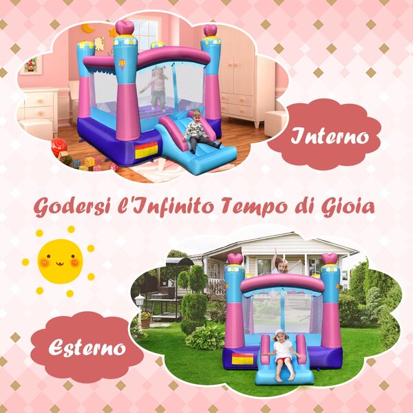 Costway Castello gonfiabile 3 in 1 a tema princesse con area per saltare, Casa gonfiabile con borsa di trasporto e scivolo