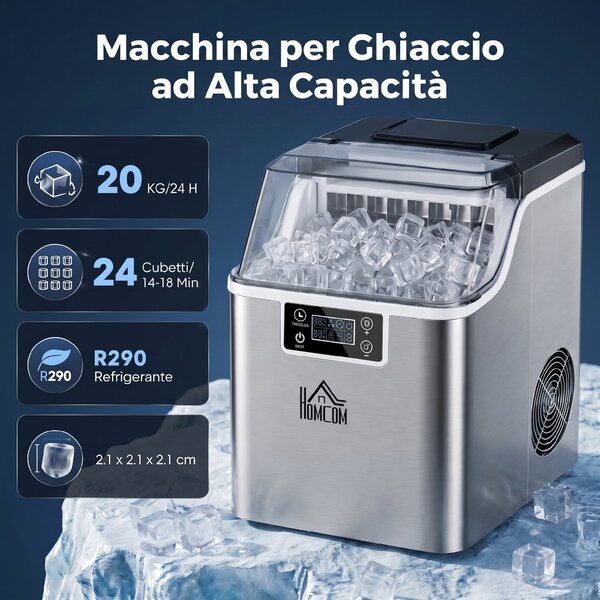 HOMCOM Macchina del Ghiaccio 20kg, 24 Cubetti in 14-18 Minuti, Pulizia Automatica, con Paletta e Secchiello, Argento|Aosom