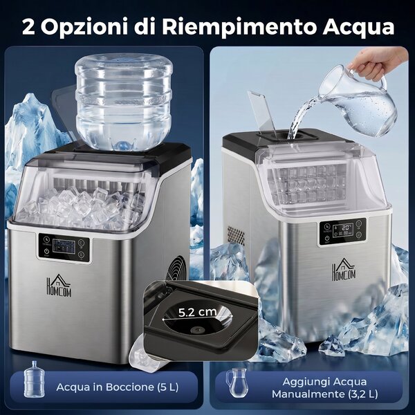 HOMCOM Macchina del Ghiaccio 20kg, 24 Cubetti in 14-18 Minuti, Pulizia Automatica, con Paletta e Secchiello, Argento|Aosom