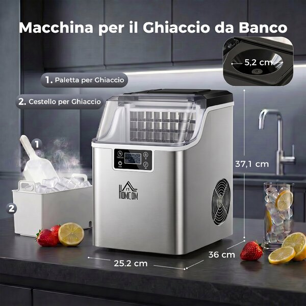 HOMCOM Macchina del Ghiaccio 20kg, 24 Cubetti in 14-18 Minuti, Pulizia Automatica, con Paletta e Secchiello, Argento|Aosom