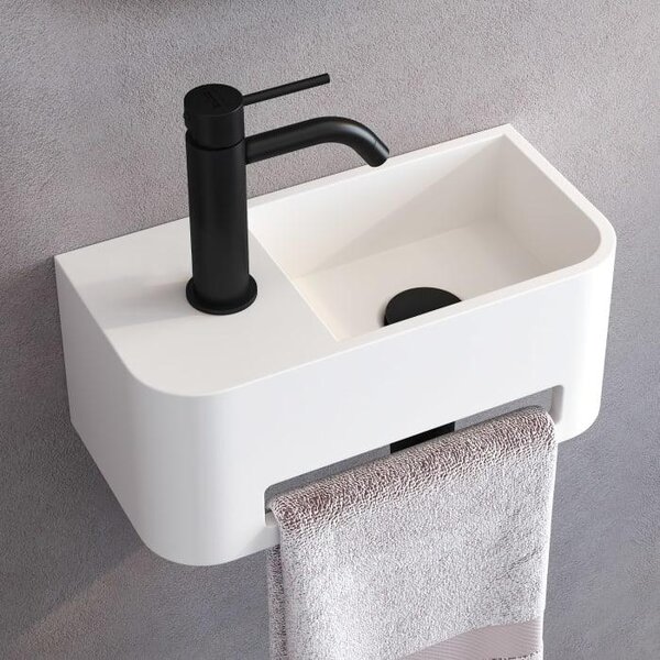Lavabo in pietra Kronenbach, dimensioni 38 x 19 cm, posizionato a destra, con foro per il rubinetto e dotato di supporto per asciugamani