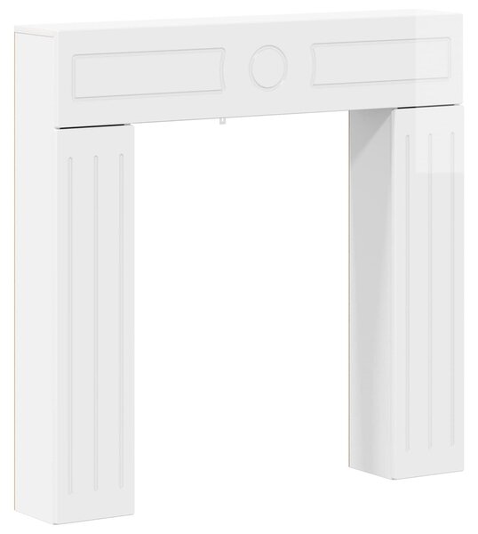 Cornice per camino, finitura lucida bianca, dimensioni 102 x 18 x 100,5 cm, realizzata in materiale composito di legno
