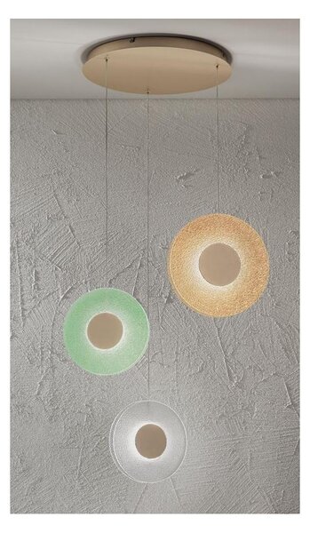 CANDY SOSPENSIONE A 3 LUCI LED 27W LUCE 3000K DIMMERABILE CON DIFFUSORI IN VETRO COLORATO E BASE ORO