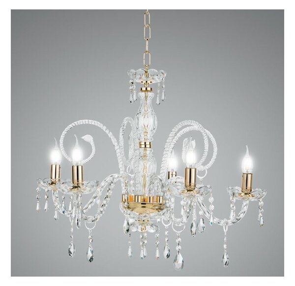 MARIA TERESA T4 LAMPADARIO CLASSICO A 5 LUCI IN VETRO TRASPARENTE CON FINITURE ORO di ONDALUCE