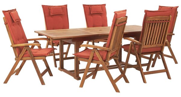 Set da pranzo da giardino in legno di acacia con cuscini rossi 6 posti sedie pieghevoli regolabili per esterni in stile country Beliani