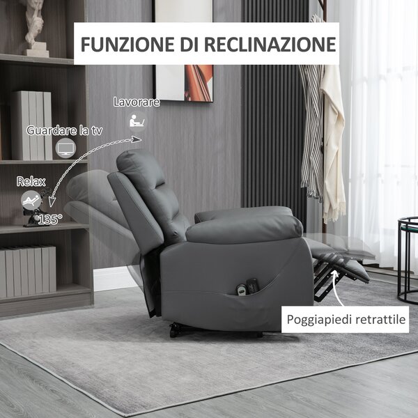 HOMCOM Poltrona Relax Elettrica Alzapersona Massaggiante Reclinabile fino a 135° con Poggiapiedi e Telecomando, in Similpelle, Grigio|Aosom