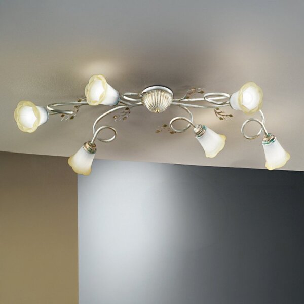 Plafoniera classica due p illuminazione elena pl6 e14 led metallo bianco anticato oro vetro sfumato ambra - Due P Illuminazione