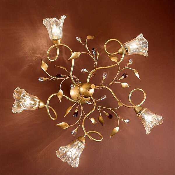 Plafoniera classica due p illuminazione emma pl5 e14 led metallo oro francese vetro ambra gocce cristallo - Due P Illuminazione