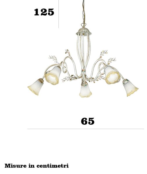 Lampadario classico due p illuminazione elena s5 e14 led metallo bianco anticato oro vetro sfumato ambra - Due P Illuminazione