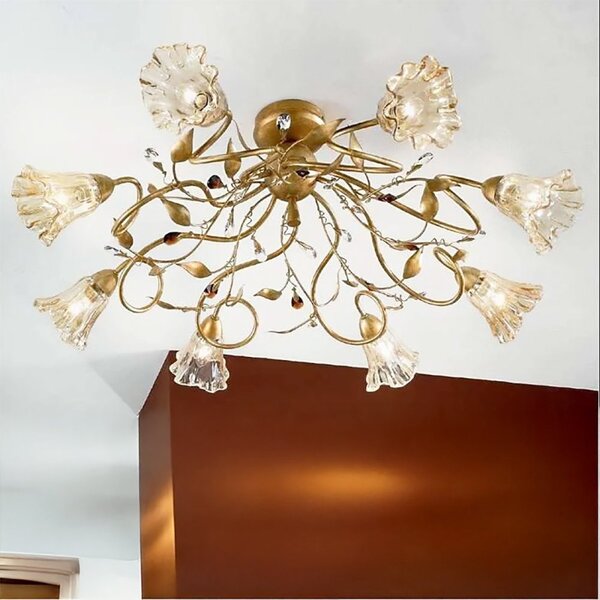 Plafoniera classica due p illuminazione emma pl8 e14 led metallo oro francese vetro ambra gocce cristallo - Due P Illuminazione