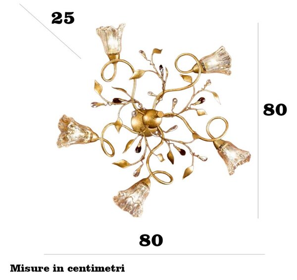 Plafoniera classica due p illuminazione emma pl5 e14 led metallo oro francese vetro ambra gocce cristallo - Due P Illuminazione