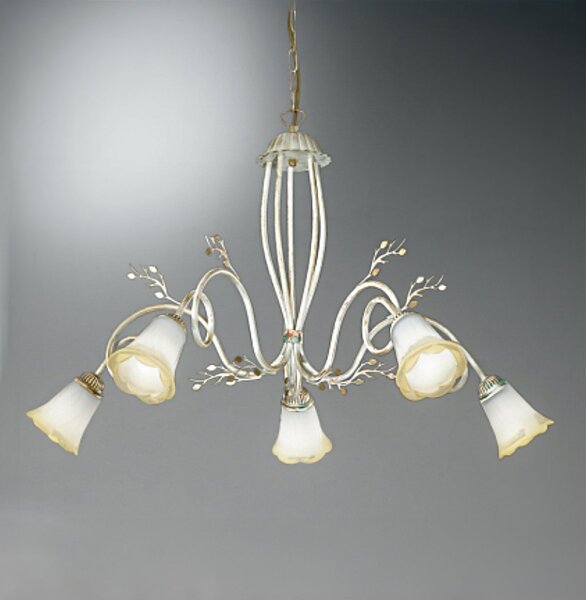 Lampadario classico due p illuminazione elena s5 e14 led metallo bianco anticato oro vetro sfumato ambra - Due P Illuminazione
