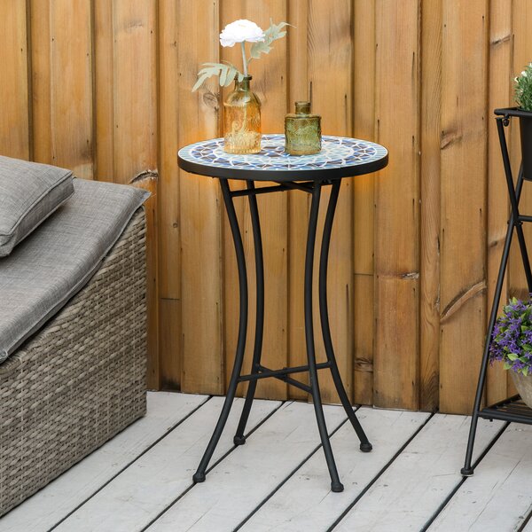 Outsunny Tavolino da Giardino Rotondo in Metallo con Piano in Ceramica, Design a Mosaico, Ф35.5x53.5cm, Blu|Aosom