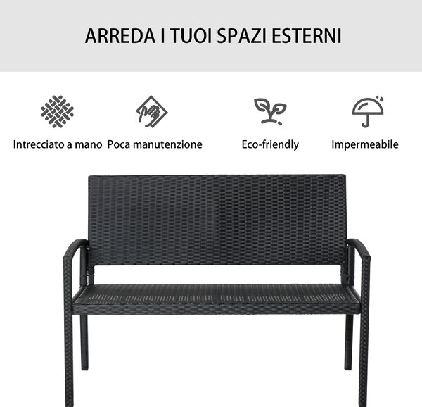 Outsunny Panchina da Giardino ed Esterno in Rattan, Panca in Rattan Nero 2 Posti, 122x60x87cm
