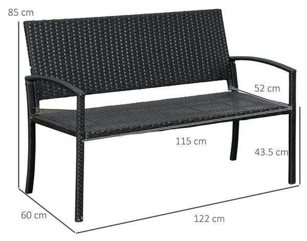 Outsunny Panchina da Giardino ed Esterno in Rattan, Panca in Rattan Nero 2 Posti, 122x60x87cm
