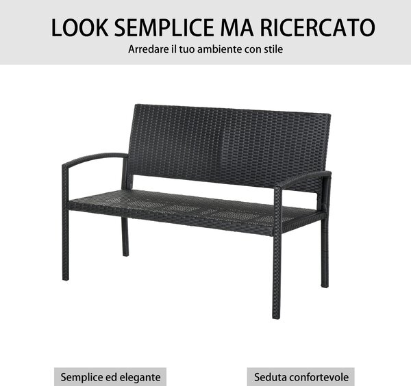 Outsunny Panchina da Giardino ed Esterno in Rattan, Panca in Rattan Nero 2 Posti, 122x60x87cm