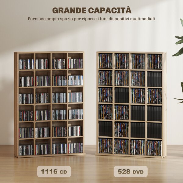 HOMCOM Mobile Porta CD con Ripiani Regolabili per 456 CD o 336 DVD, 24 Scomparti, 89x20x130.5 cm, Legno | Aosom Italy